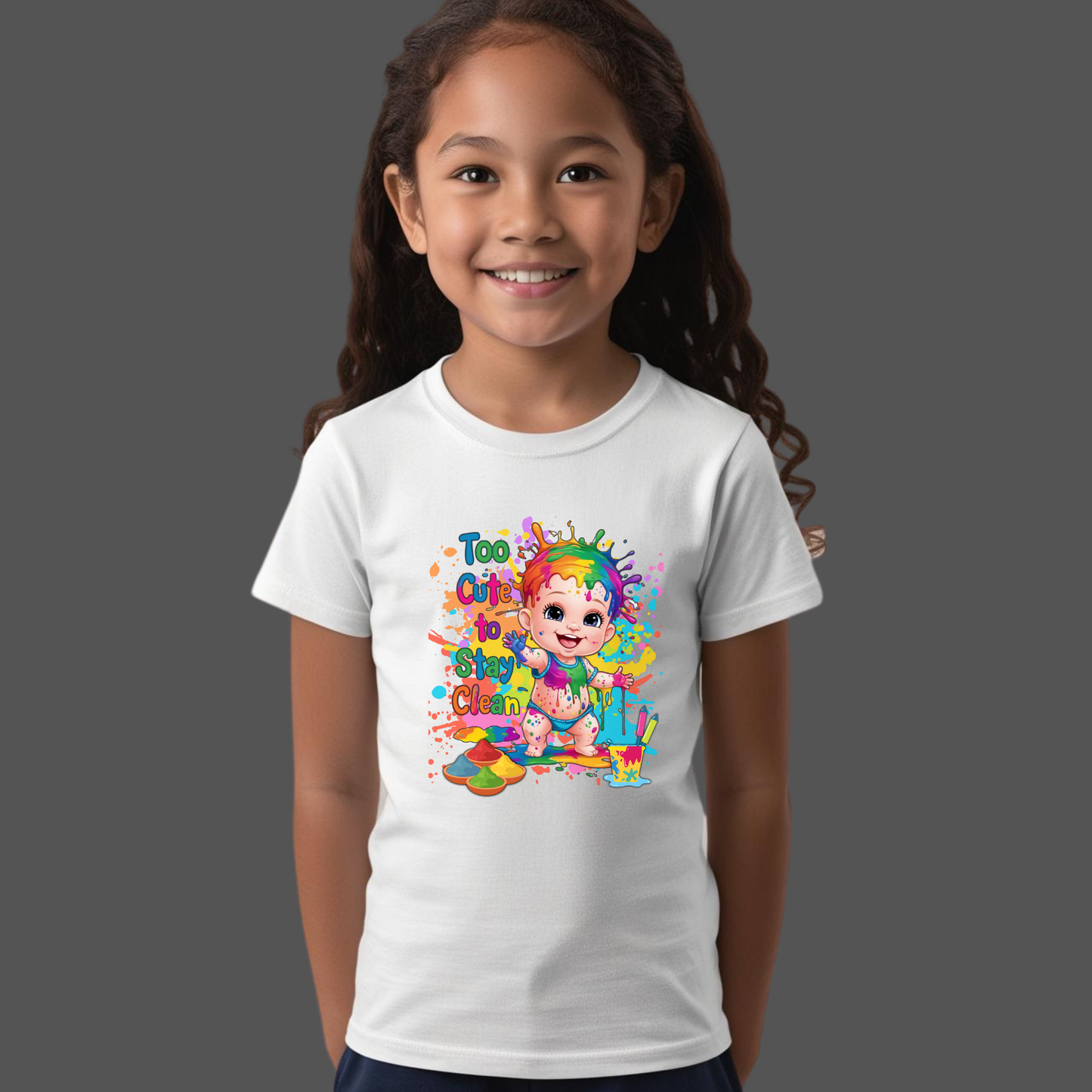 π¨ Holi Special Girls T-shirt β "Too Cute to stay clean" π | Festive Outfit for Kids