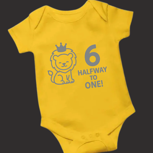 6 Months – Halfway to One Baby Romper | Crowned Lion Puff Print | Unisex Milestone Wear