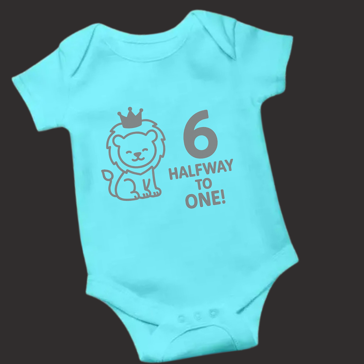 6 Months – Halfway to One Baby Romper | Crowned Lion Puff Print | Unisex Milestone Wear