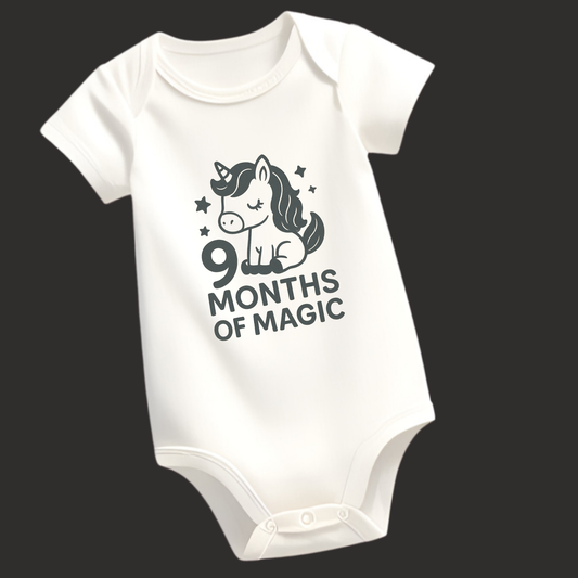 9 Months of Magic Unicorn Baby Romper – Soft Cotton, Vinyl Puff Print