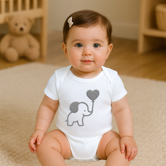 Puff Print Elephant Romper – Heart Balloon Design | Vinyl Print | Soft Cotton Babywear
