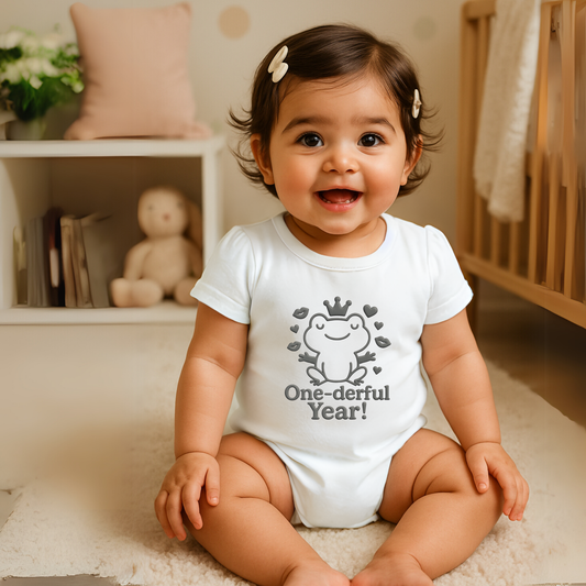 One-derful Year! Frog Prince Baby Romper – 1st Birthday, Vinyl Puff Print