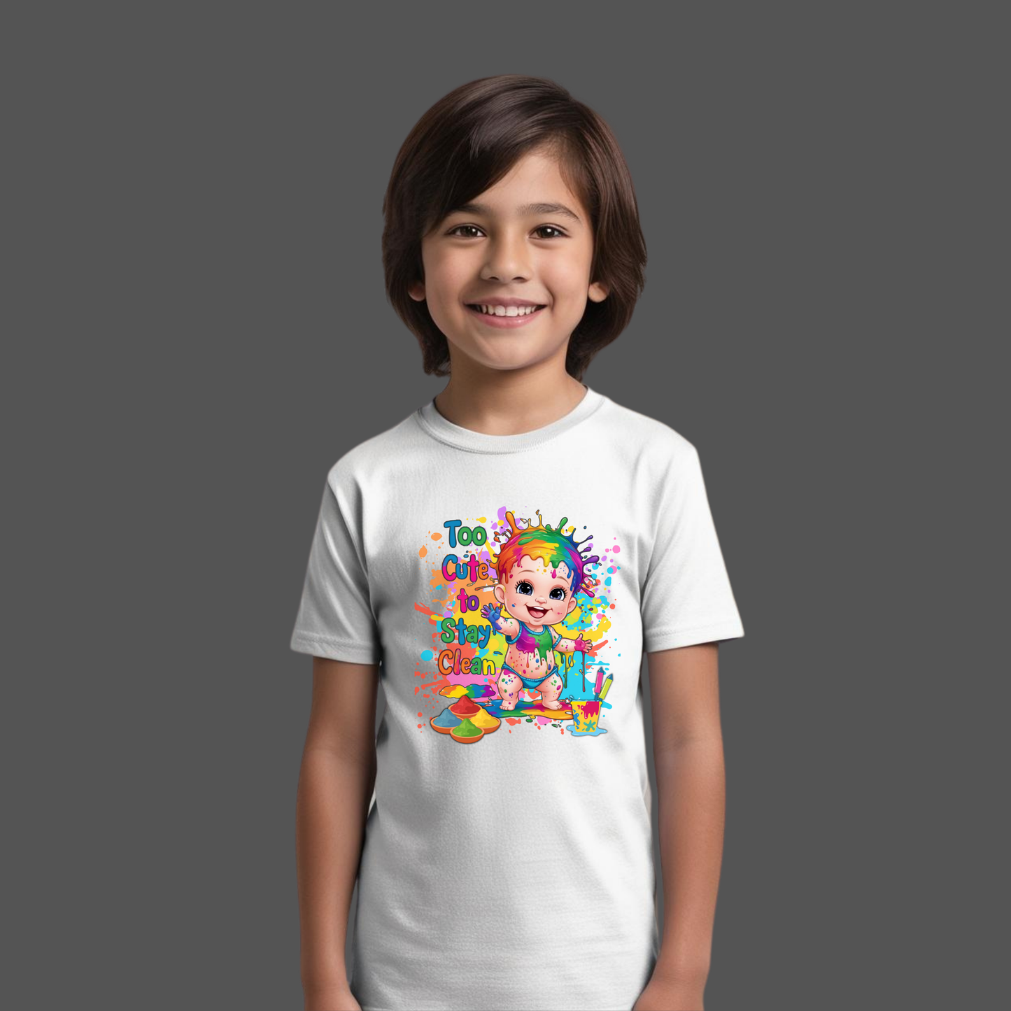 🎨 Holi Special Boys T-shirt – "Too Cute to stay clean" 🌈 | Festive Outfit for Kids