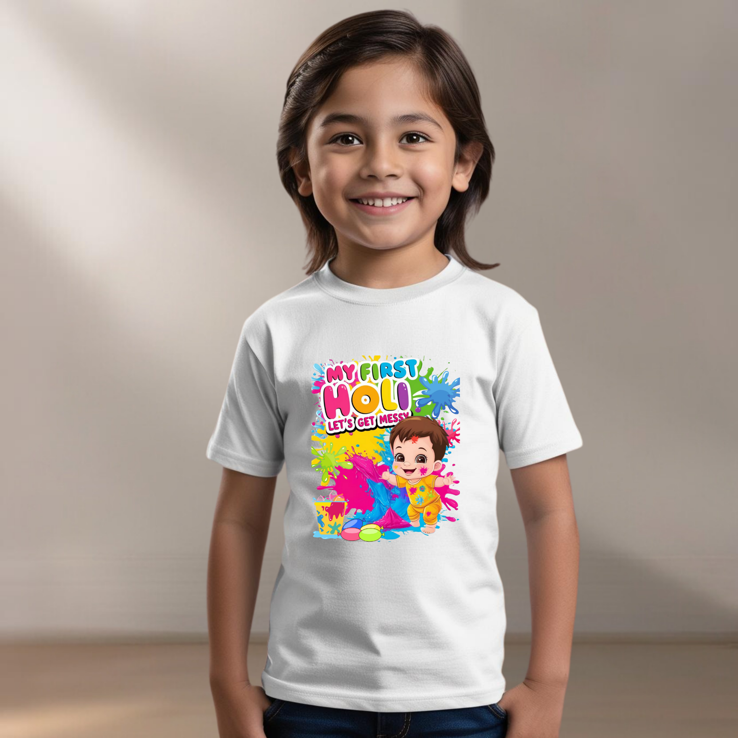 🎨 Holi Special Boys T-shirt – "My First Holi" 🌈 | Festive Outfit for Kids
