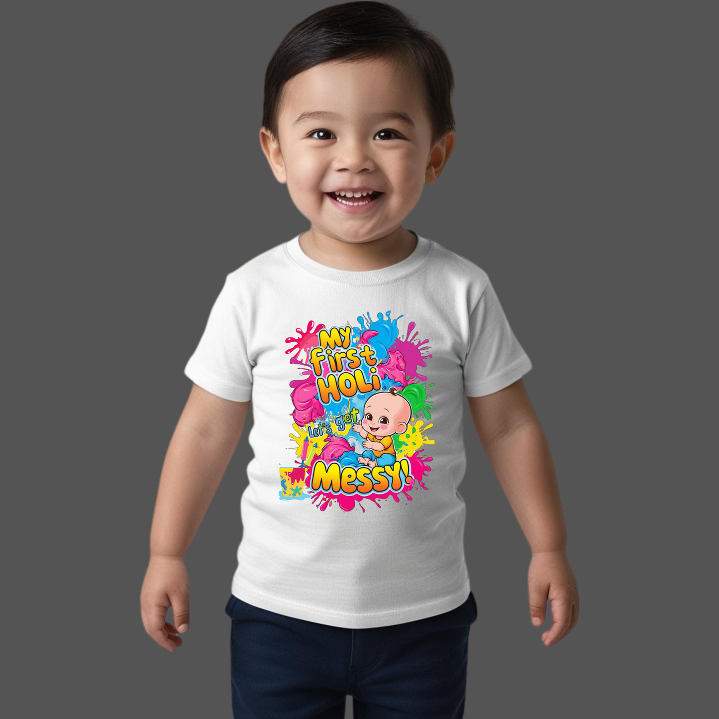 🎨 Holi Special Boys T-shirt – "My First Holi" 🌈 | Festive Outfit for Kids