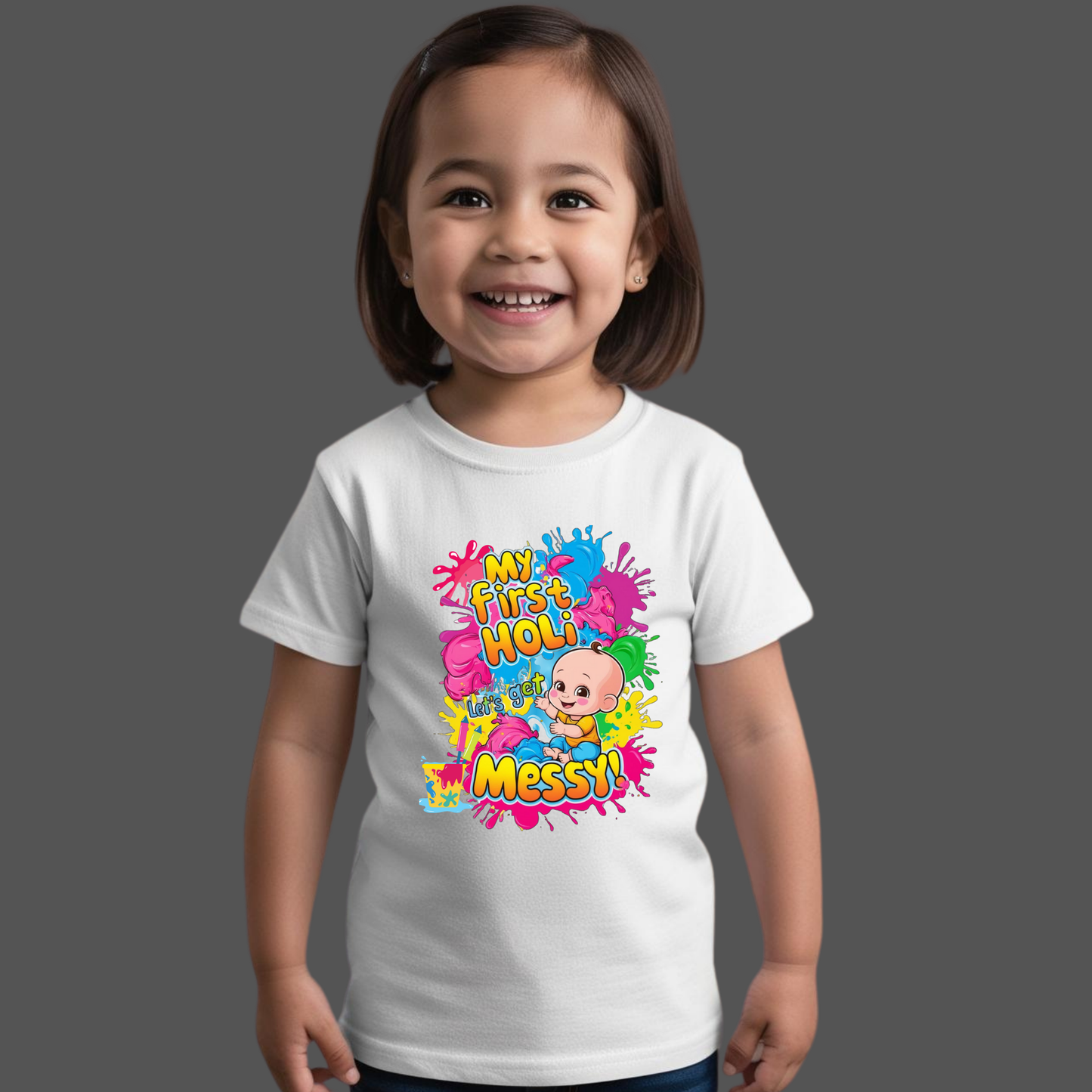 🎨 Holi Special Girls T-shirt – "My First Holi" 🌈 | Festive Outfit for Kids