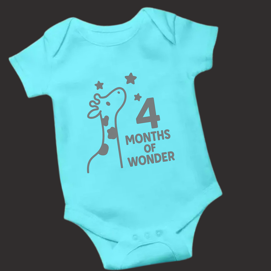 4 Months of Wonder Baby Romper | Giraffe Puff Print | Unisex Milestone Outfit