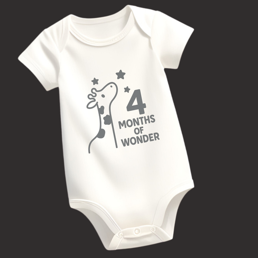 4 Months of Wonder Baby Romper | Giraffe Puff Print | Unisex Milestone Outfit