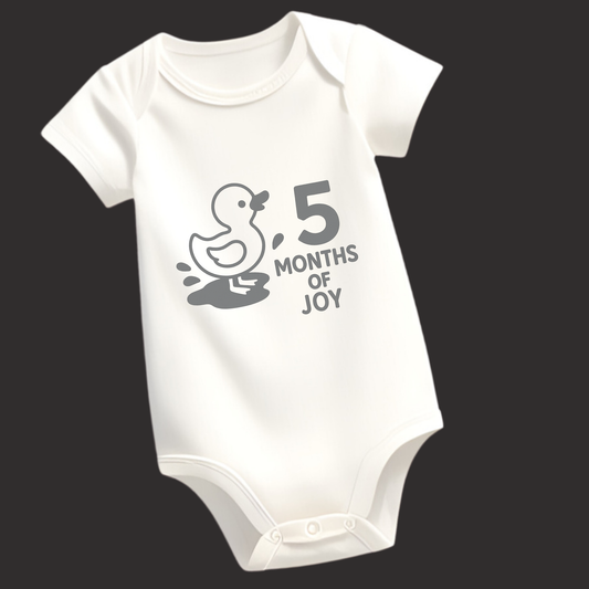 5 Months of Joy Baby Romper | Duck Puff Print Design | Unisex Milestone Outfit
