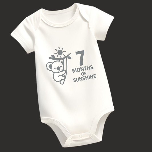 7 Months of Sunshine Koala Baby Romper – Soft Cotton, Vinyl Puff Print
