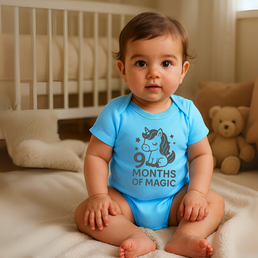 9 Months of Magic Unicorn Baby Romper – Soft Cotton, Vinyl Puff Print