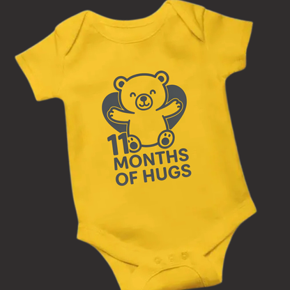 11 Months of Hugs Teddy Bear Baby Romper – Soft Cotton, Vinyl Puff Print