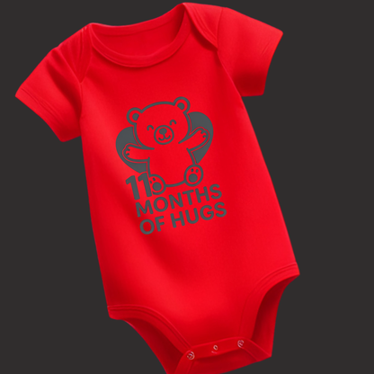 11 Months of Hugs Teddy Bear Baby Romper – Soft Cotton, Vinyl Puff Print