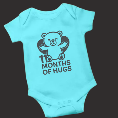 11 Months of Hugs Teddy Bear Baby Romper – Soft Cotton, Vinyl Puff Print
