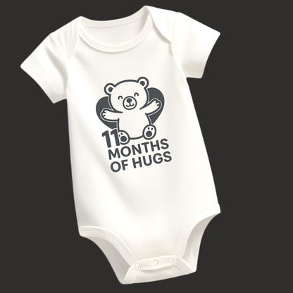 11 Months of Hugs Teddy Bear Baby Romper – Soft Cotton, Vinyl Puff Print