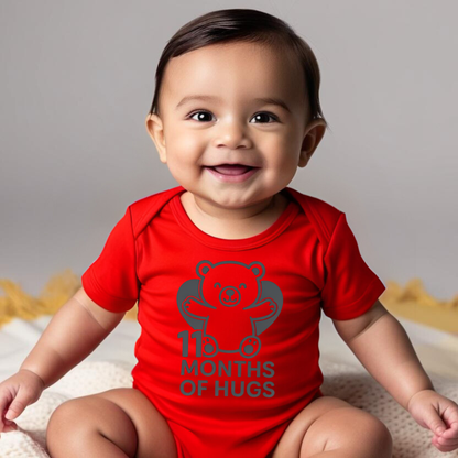 11 Months of Hugs Teddy Bear Baby Romper – Soft Cotton, Vinyl Puff Print