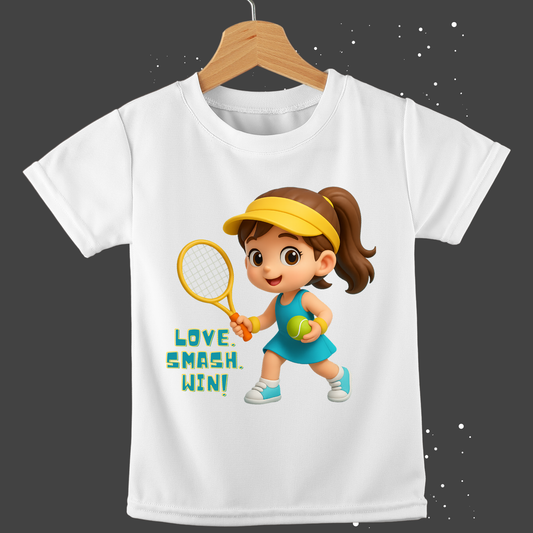 Love. Smash. Win! –  Girl Lawn Tennis T-Shirt – Sporty Anime Tee for Girls