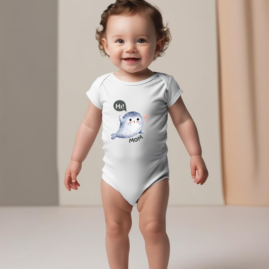 Adorable Seal Design Toddler Romper - "Hi Mom" with Pink Hearts