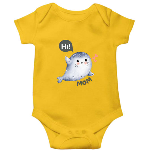 Adorable Seal Design Toddler Romper - "Hi Mom" with Pink Hearts - (0-12M)