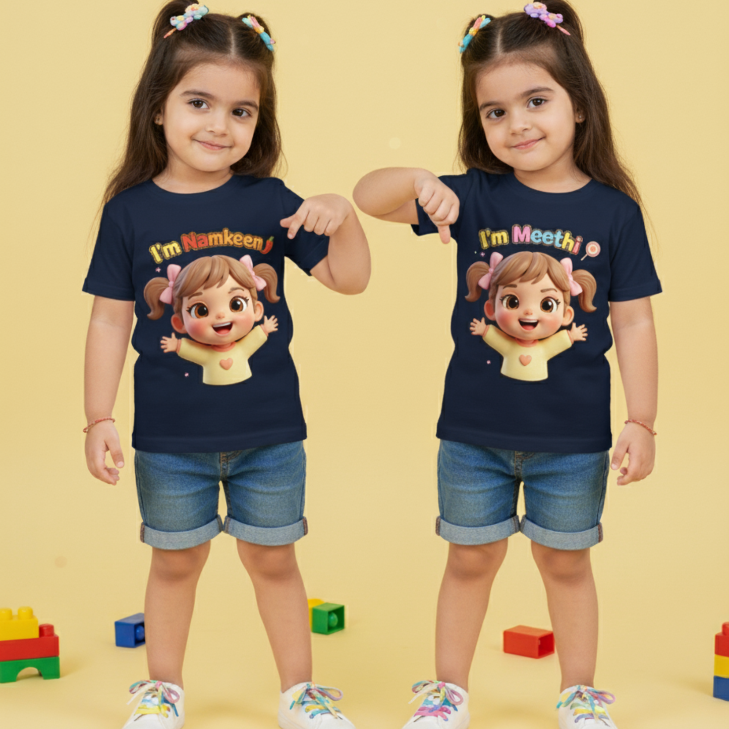 Twin Girl Tees - I'm Meethi , I'm Namkeen _ Navy Blue