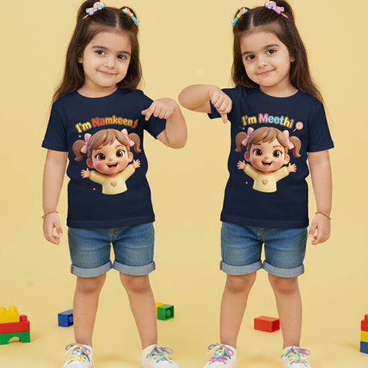 Twin Girl Tees - I'm Meethi , I'm Namkeen _ Navy Blue